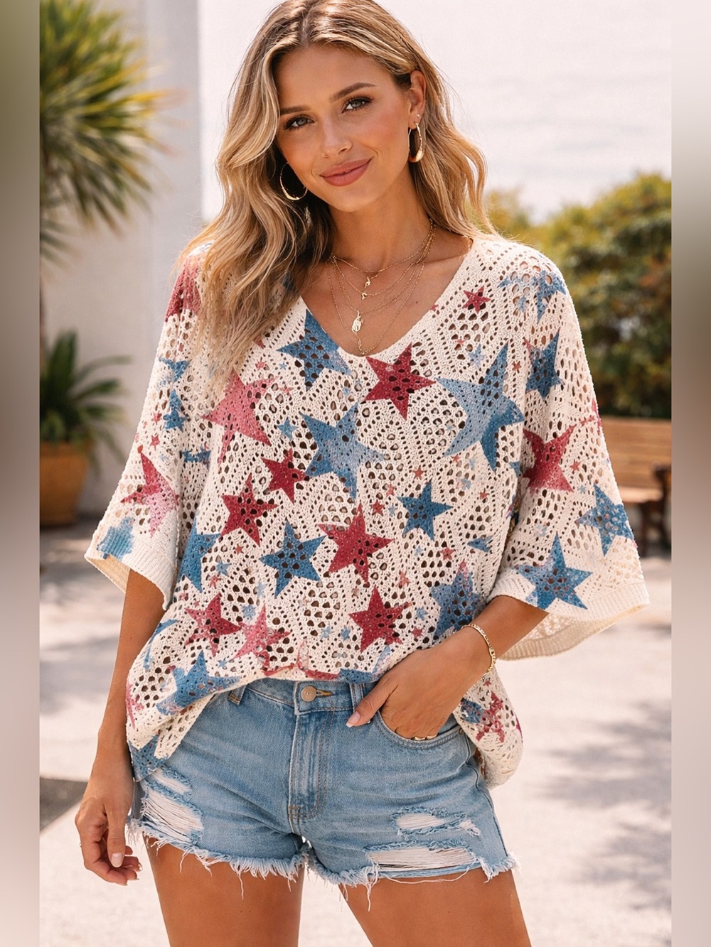 Patriotic Star Crochet Knit Top – Multiple Sizes Available 🇺🇸✨